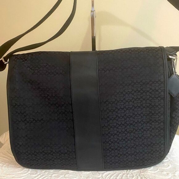 Coach Signature Hudson Commuter Laptop Messenger Bag Black Leather Luggage Tags - Picture 2 of 15